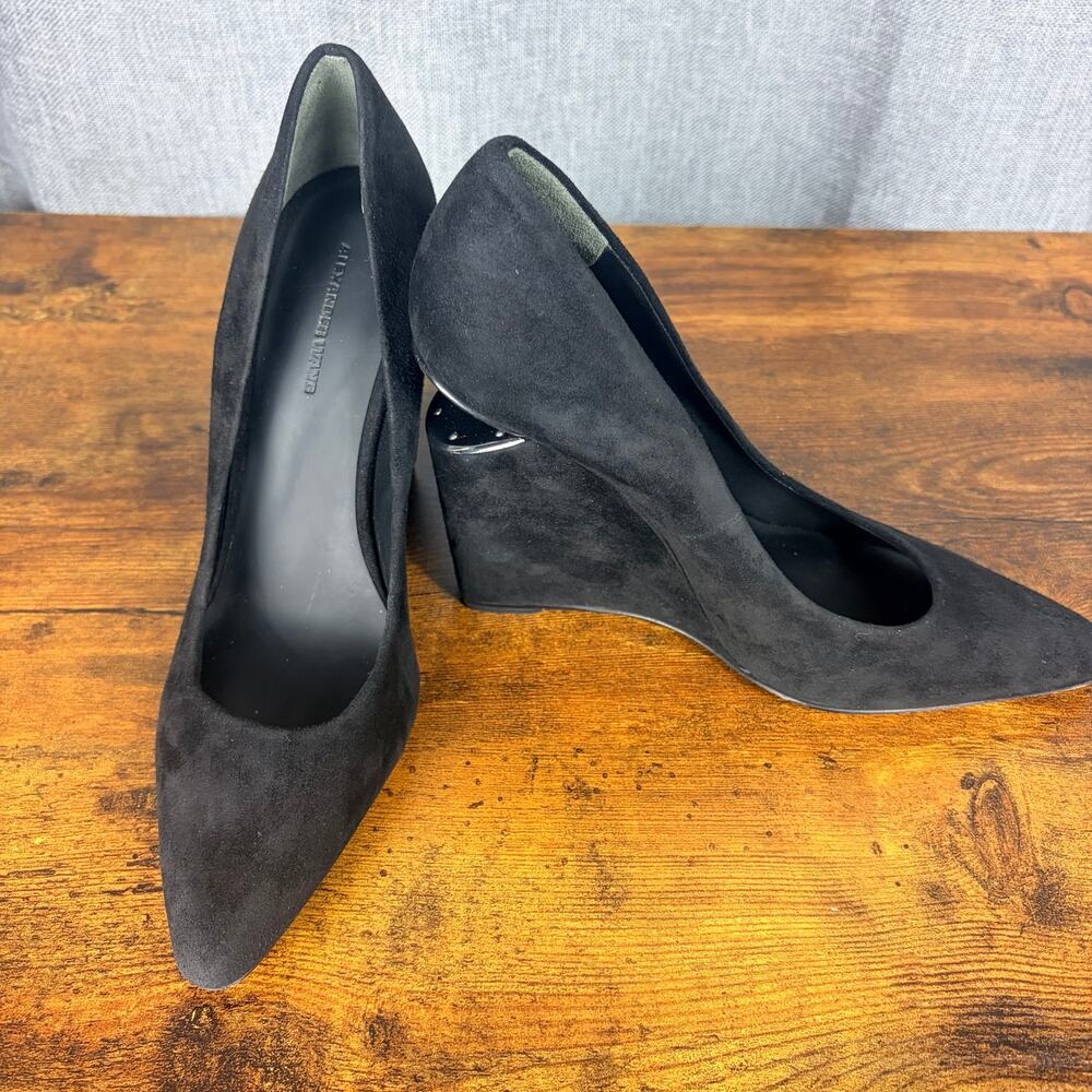 Alexander Wang Black Suede Wedge Pumps Size 37.5 Pointed Toe Designer Heels